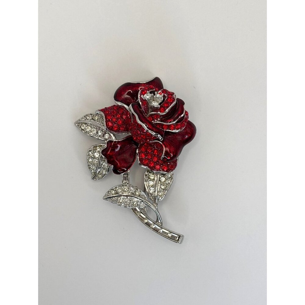 Nolan Miller Vintage First Lady Red Rose Flower Brooch Enamel Rhinestones Signed